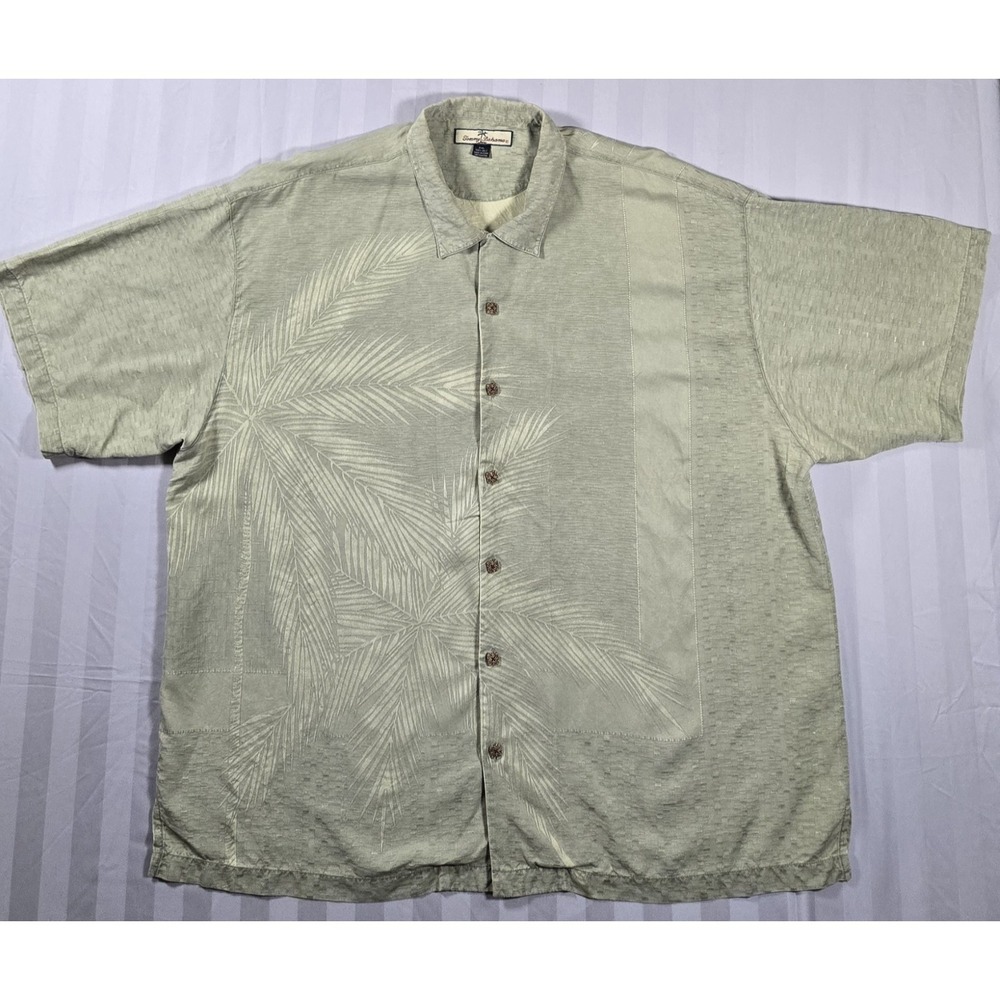 Tommy Bahama Shirt Mens 2XL Green 100% Silk Hawaiian Relax Button Up Palm 0027